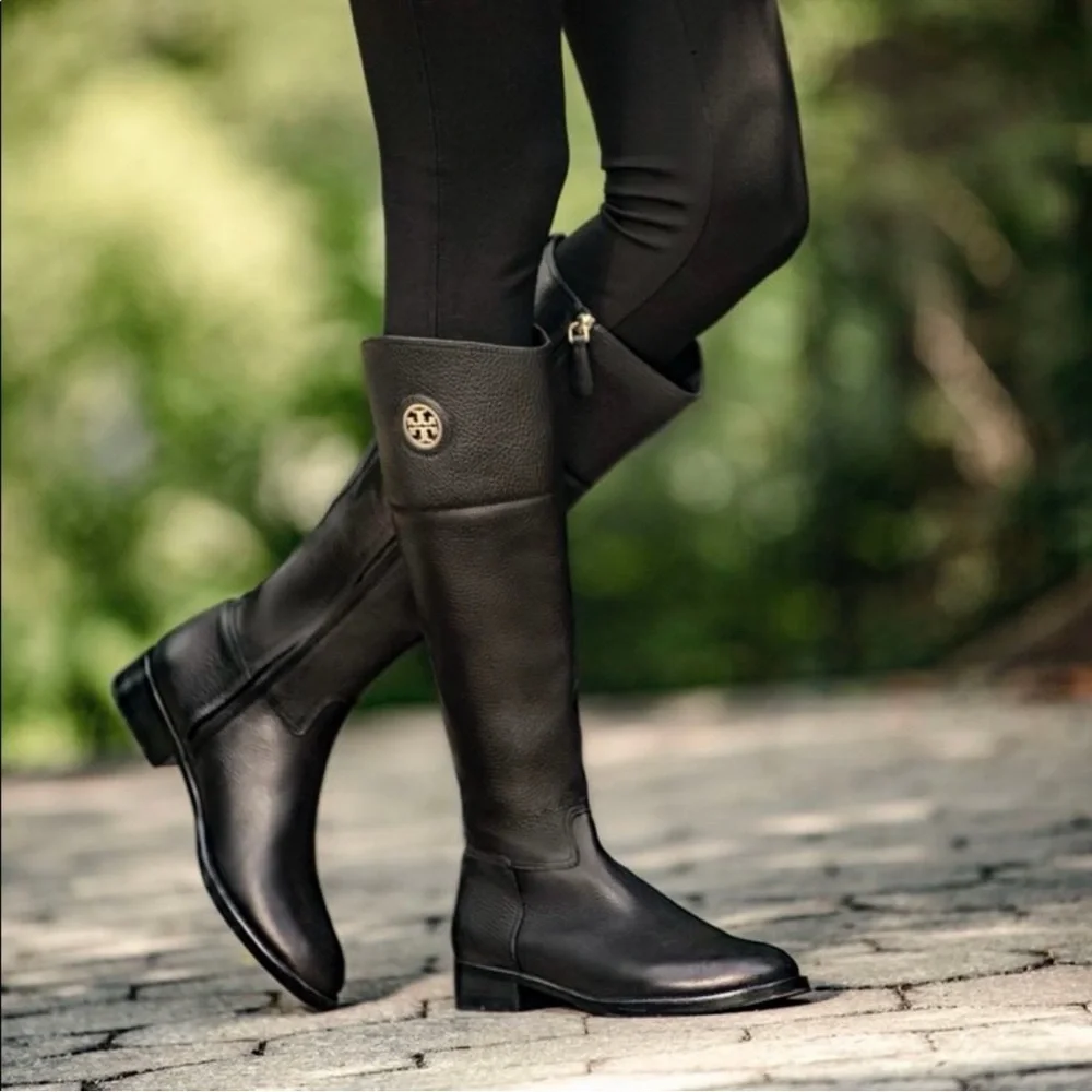 Tory Burch Black Tumbled Leather Pull On Junction Equestrian Riding Boots Gold 8